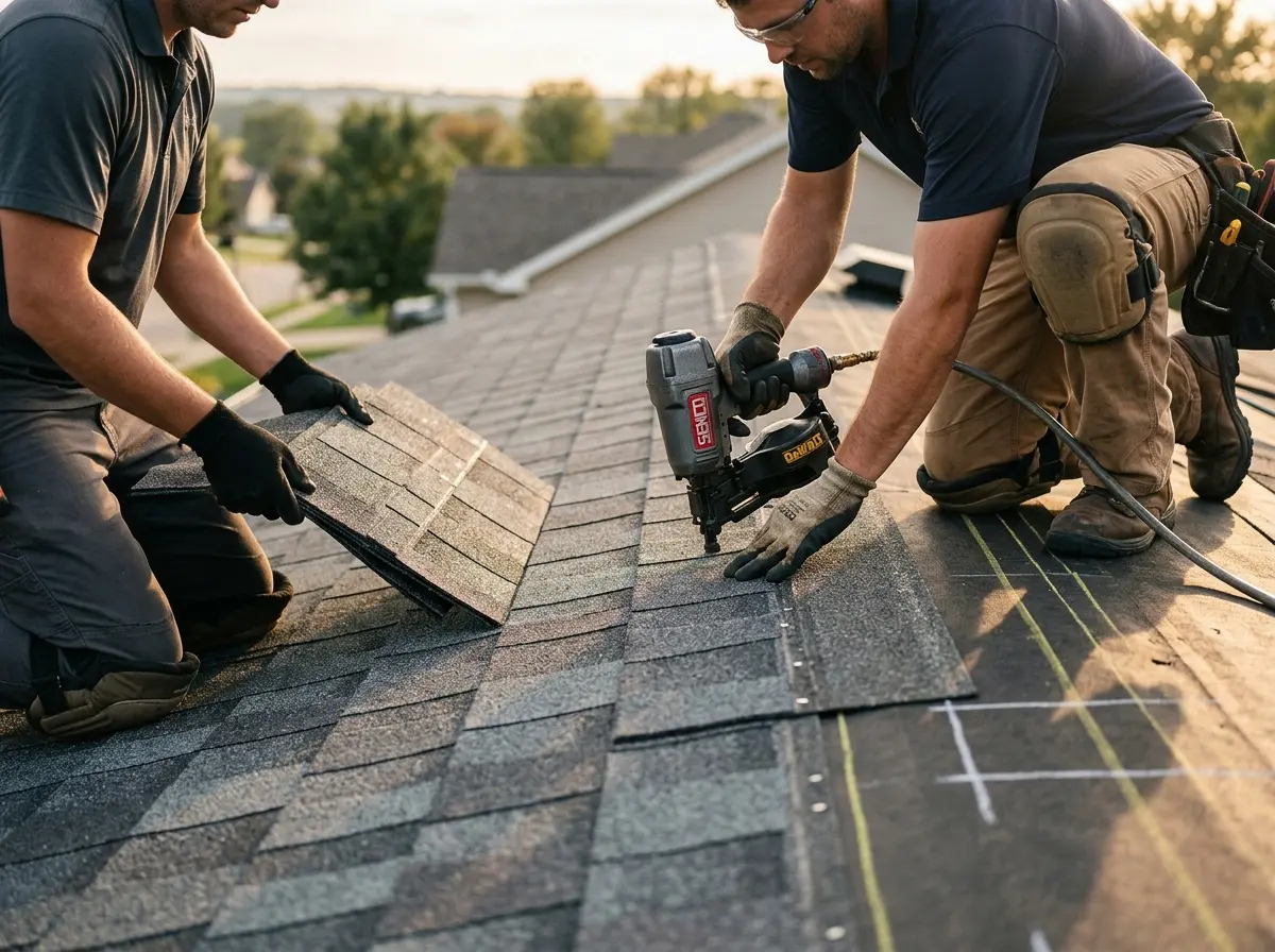 Professional roofer working on a residential roof in Bowling Green